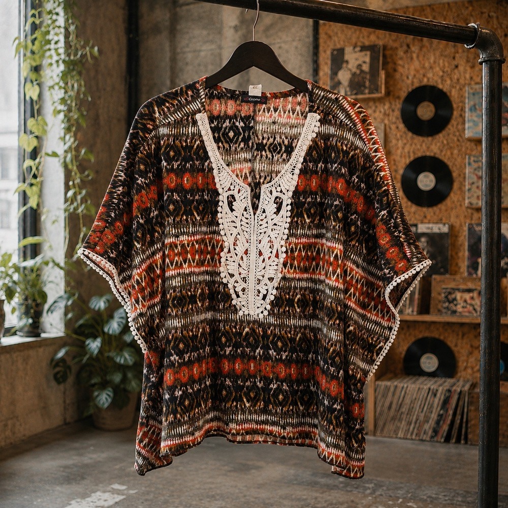 Cocomo Womens Boho Tribal Print Crochet Trim Top Orange Brown Black Size XL